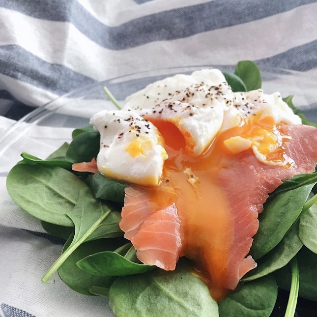 Baby spinach with smoked salmon and poached eggs.
