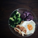Today's homecooked lunch: Boiled Broccoli / Steamed Purple Sweet Potato / Sunny Side Up / Garlic Lime Chicken Fillet
