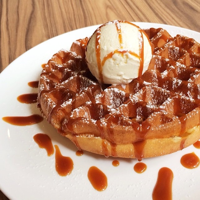 Lunch - Crisp buttermilk waffles with vanilla bean ice cream, lathered with generous helpings of salted caramel.