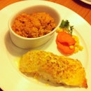 Baked Salmon with Paella Rice.