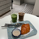 Croissant With Truffle Dip, Iced Matcha Latte & Iced Houjicha Latte