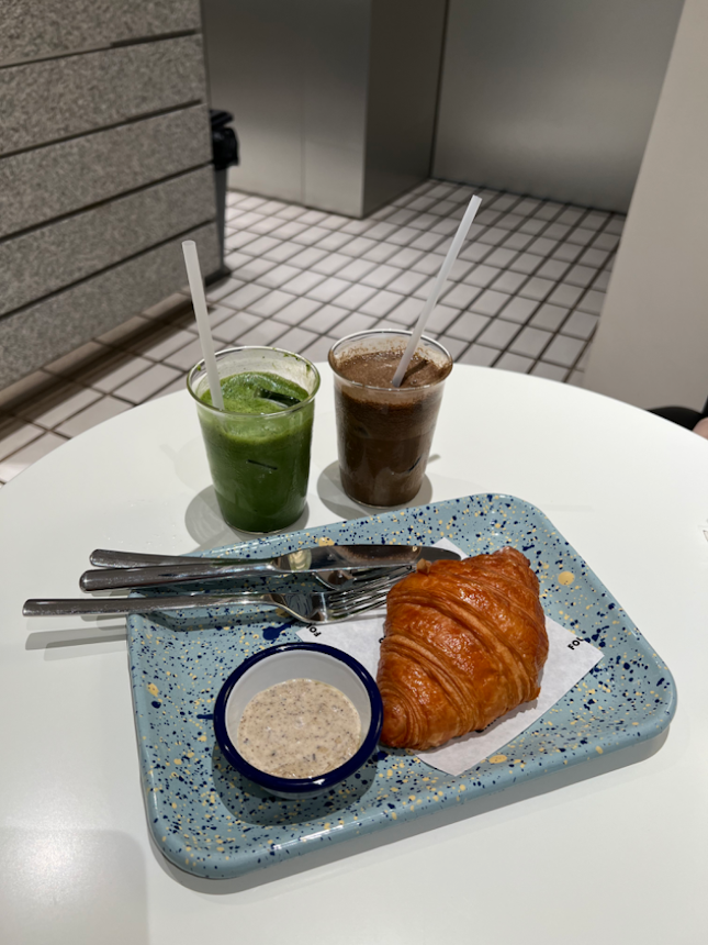 Croissant With Truffle Dip, Iced Matcha Latte & Iced Houjicha Latte