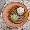 Waffle with Double Scoop ($16.50) - Pistachio, Banana Walnut Brownie Icecream