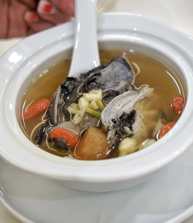 Double-boiled Silkie Chicken Soup, Jasmine Flower, Dried Longan, Wolfberries ($22) 
