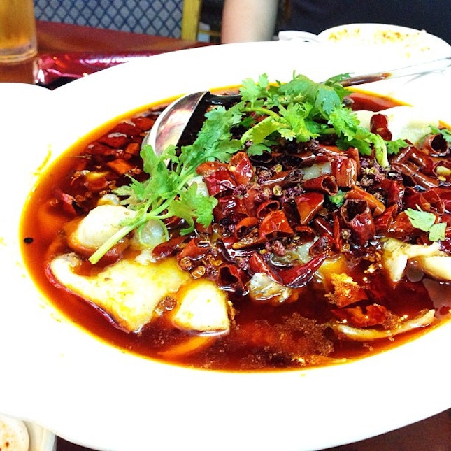 水煮鱼 - Fish slices cooled in Sze Chuan spices and chili oil.