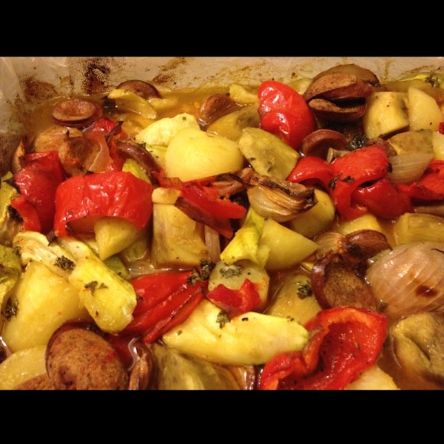 Roast Potatoes, Kumara, Capsicum And Onions
