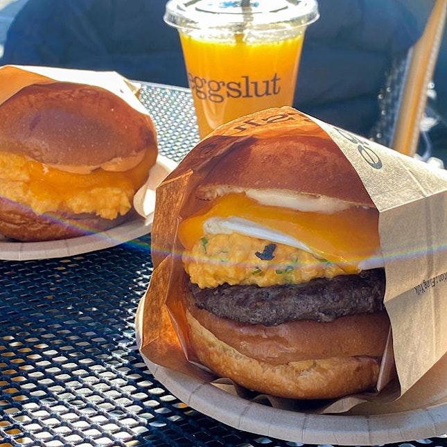 @eggslutjpn Japan special: Route 20 Sandwich (¥1180+) - Cheese, Mayo, their perfect signature scrambled egg with a Hamburg beef patty!