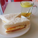 Luncheon meat cheese and egg sandwich + hot citrus tea