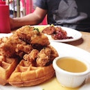 today's breakfast: buttermilk fried chicken & waffles, sugar cured bacon with scrambled eggs and strawberry milkshake.