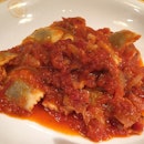 Beef ravioli with bacon and onion tomato sauce.😋✨😀