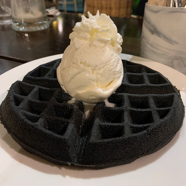 Charcoal Waffles With Vanilla Ice cream