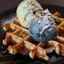 Whoaffles with Pistachio and Tofu Sesame Ice-Cream and Espresso Butterscotch Sauce
