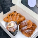 Spicy Crabby Croissant, Chocolate Lava Croissant, Raisin & Orange Muffin