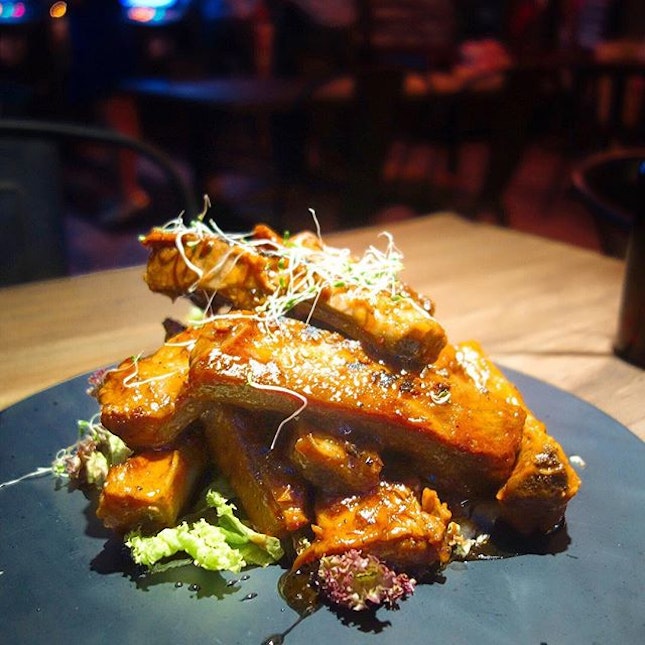 Fork-tender Bourbon pork ribs ($28) which are savoury with the sticky sweet glaze.