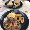 Char-grill lovin’ - some classic chargrill chicken with pasta salad and onion rings, as well as the Cajun Chicken Burger.