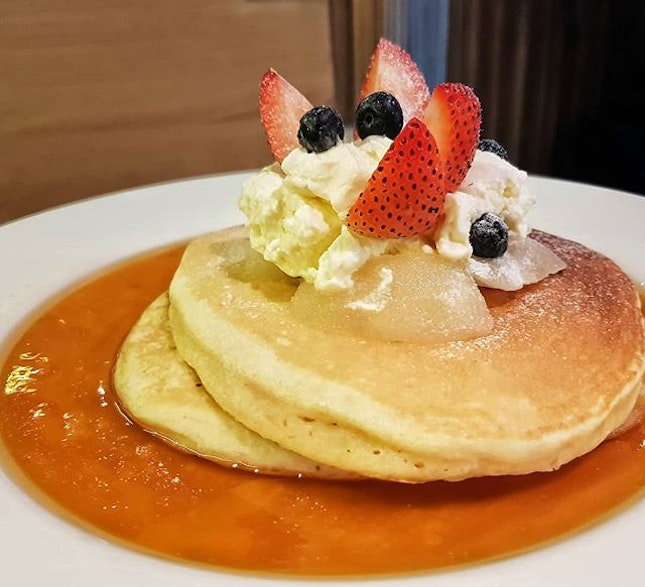 HOUSE-MADE PANCAKES S$15 from @kithsingapore Pancakes, Poached Pear, Mixed Berries, Honey Cream Cheese, Maple Butter.