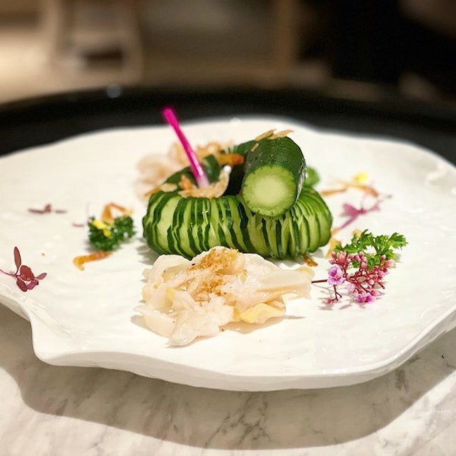Refreshing appetiser of cucumber and sea whelk showing off the chef’s knifework!