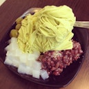 after dinner desserts; green tea snow ice with red bean