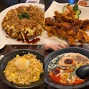 Okonomiyaki, Ramen, Garlic Fried Rice, Pork Strips