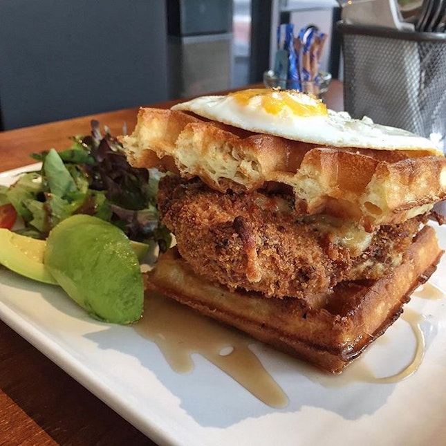 Chicken and Waffles ($20) with an extra Avocado ($4) from Monniker.