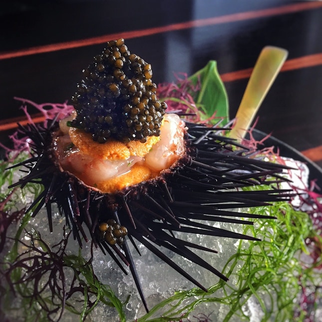 Marinated Botan Shrimp with Sea Urchin and Oscietria Caviar