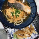 Udon With Grilled Salmon And Kimchi Omelette