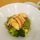 Soya Sauce Chicken with Spinach Noodles in Truffle Sauce