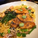 Wasabi, cream sauce, flamed salmon served with pasta weren't a bad idea after all.