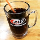 A&W Root Beer in Frosty Mug & Waffle with Butter and Maple Syrup.