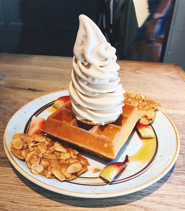 Earl Grey Lavender Soft Serve on Waffle with Strawberries, Honey, Chocolate and Toasted Almond Thins [$13.46]