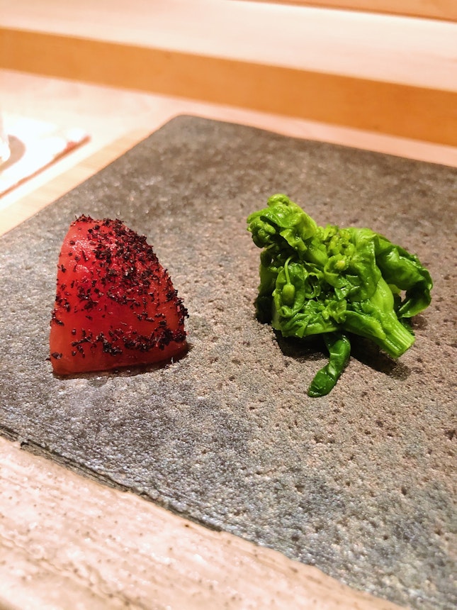 Momotaro With Dried Red Shiso Leaf And Baby Kailan