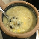 Dried Scallop Porridge with Minced Meat, Century Egg, Salted Egg and Egg ($11.90++)