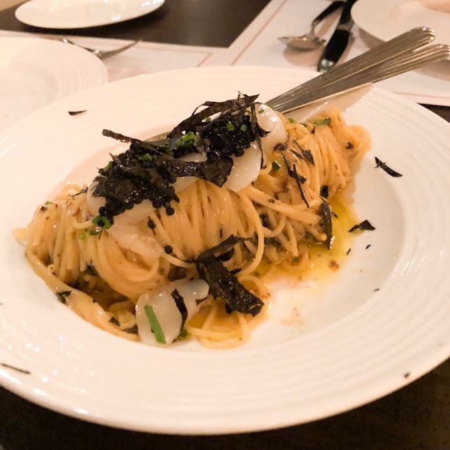 Cold angel hair pasta with uni, scallop and truffle $88