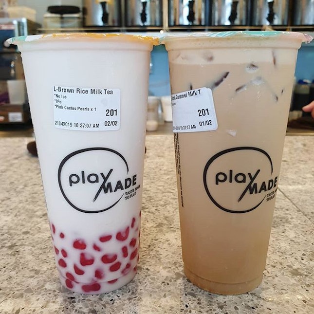 Brown rice milk tea with pink cactus pearls ($5.90) & Burnt caramel milk tea ($4.90)!