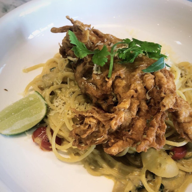 Salted Egg Pasta With Soft Shell Crab