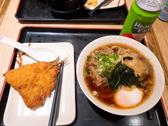 Sanuki Beef Egg Udon With Fried Fish ($11.20 + $2)