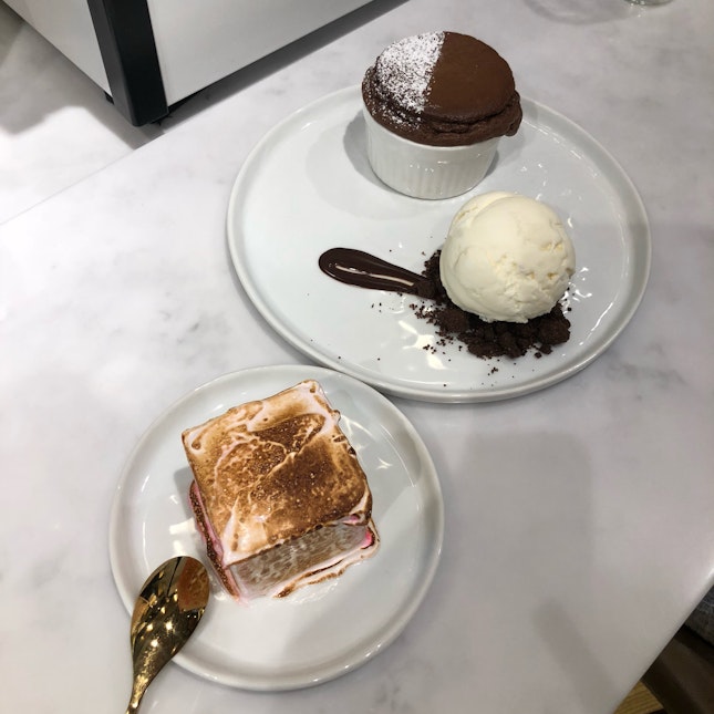 Frozen S’mores ($7.50) Chocolate Soufflé ($15)