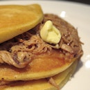 Pulled pork pancakes with Jack Daniels maple syrup.