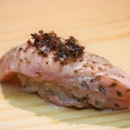 Aburi Sake (Seared Salmon) Sushi with sesame sauce and bonito flakes