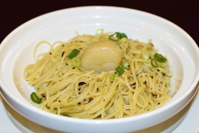 Stir-Fried Angel Hair Pasta with Scallop and Minced Black Garlic in White Truffle Oil