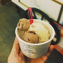 Freshly made authentic Hazelnut gelato with 2 small scoops of chocolate for free(: treat after surviving work!