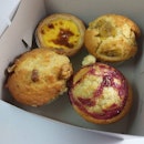 Muffins and an egg tart from Selegie Soya Bean
S$1.80 each or S$6.50 for 4

Despite the different flavours, they all really just tasted the same...