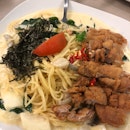 Salted Egg Pasta with Fried Chicken at Just Acia!