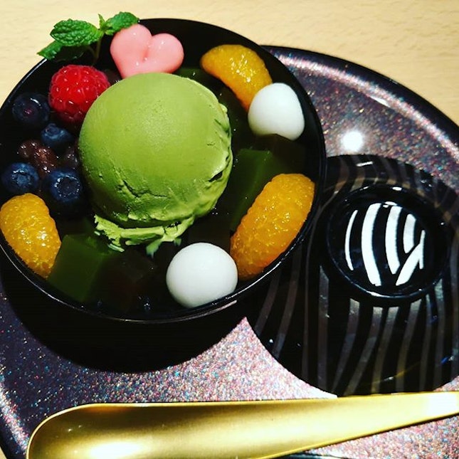 Misato desserts ,Misato matcha desserts.Matcha Ice Cream,mochi ,green tea jellies ,orange ,raspberry and blueberry.