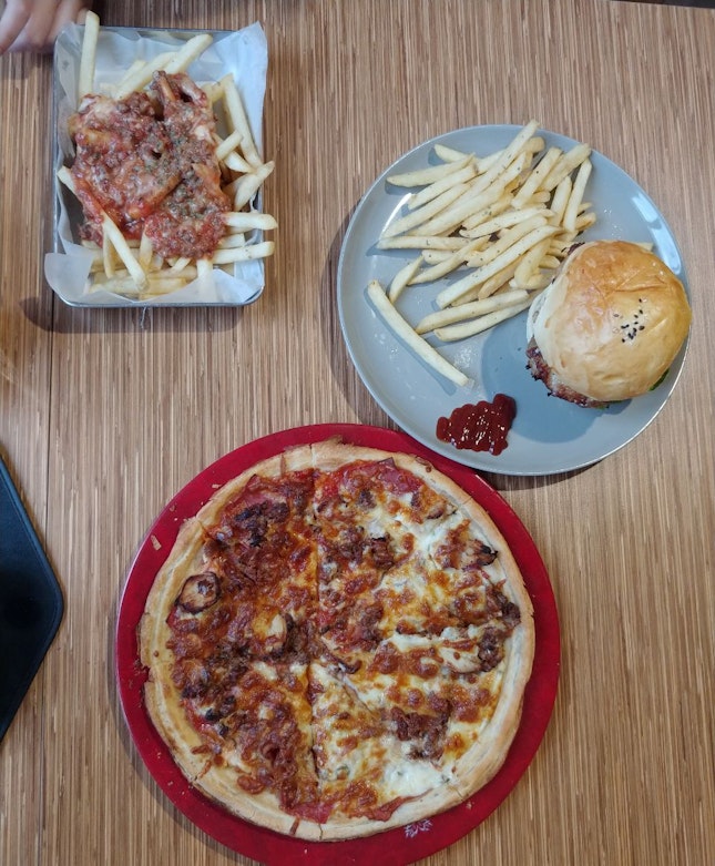 Beef Pizza, Loaded Fries And Chicken Burger