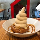 Mochi donut with cookie butter soft serve $15
