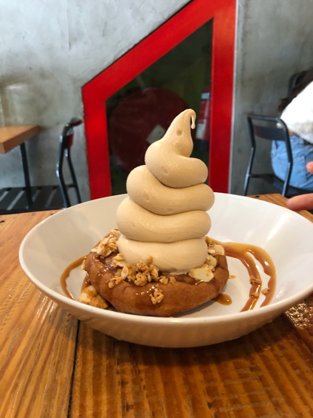 Mochi donut with cookie butter soft serve $15