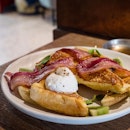 Savoury Bacon & Butter French Toast | Poached organic egg, Sloane's bacon, grilled banana, salt & pepper, with a touch of syrup