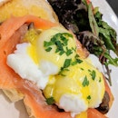 A breakfast classic -- smoked salmon and eggs Benedict!