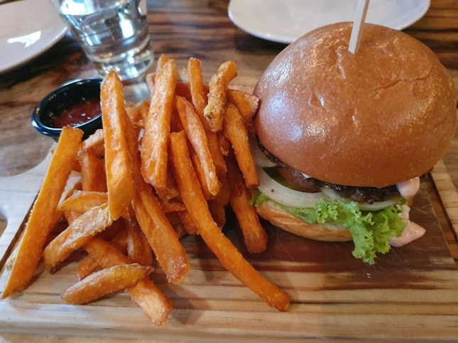 Mentaiko Kaiju Armoury Burger ($24 + $2 for Sweet Potato Fries)